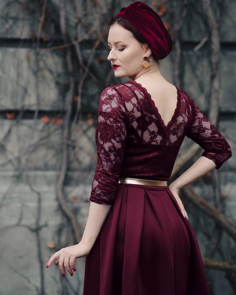 Miusol Women's Vintage Floral Lace 2/3 Sleeve Bridesmaid Party Dress, Wine, X-Large - Image 4